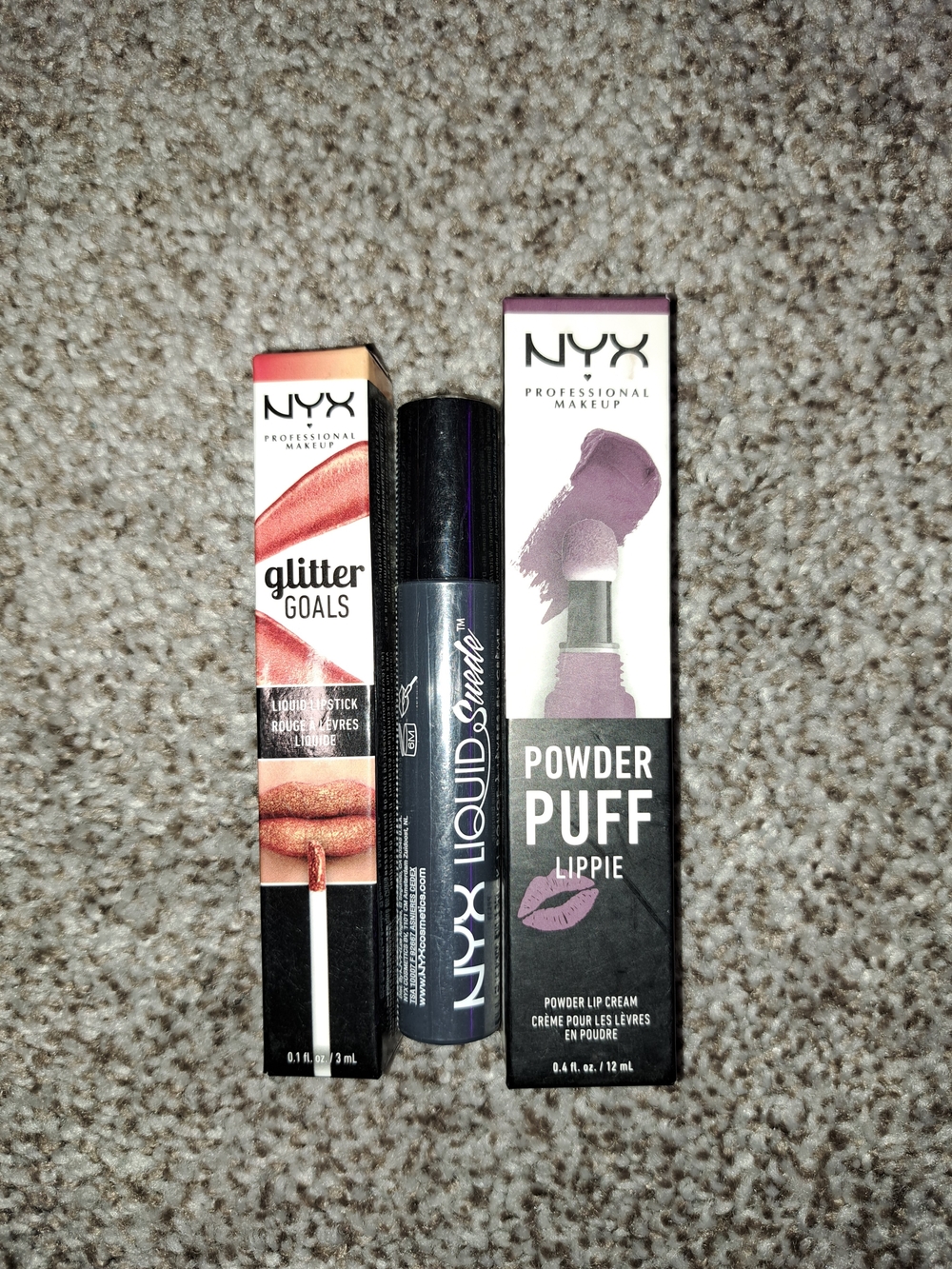 NYX Powder Puff Lippie & Glitter Goals Lipstick Set -Purple, Orange, Silver, NEW